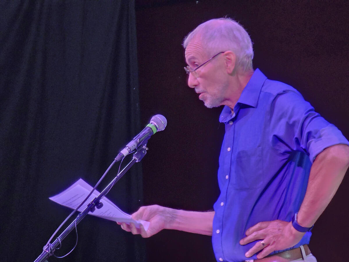 Steven Furnesss father Stewart talked about the need for low-barrier facilities for the homeless in Langley City at a Langley City vigil to remember the July 25, 2022 spree shootings. (Dan Ferguson/Langley Advance Times)