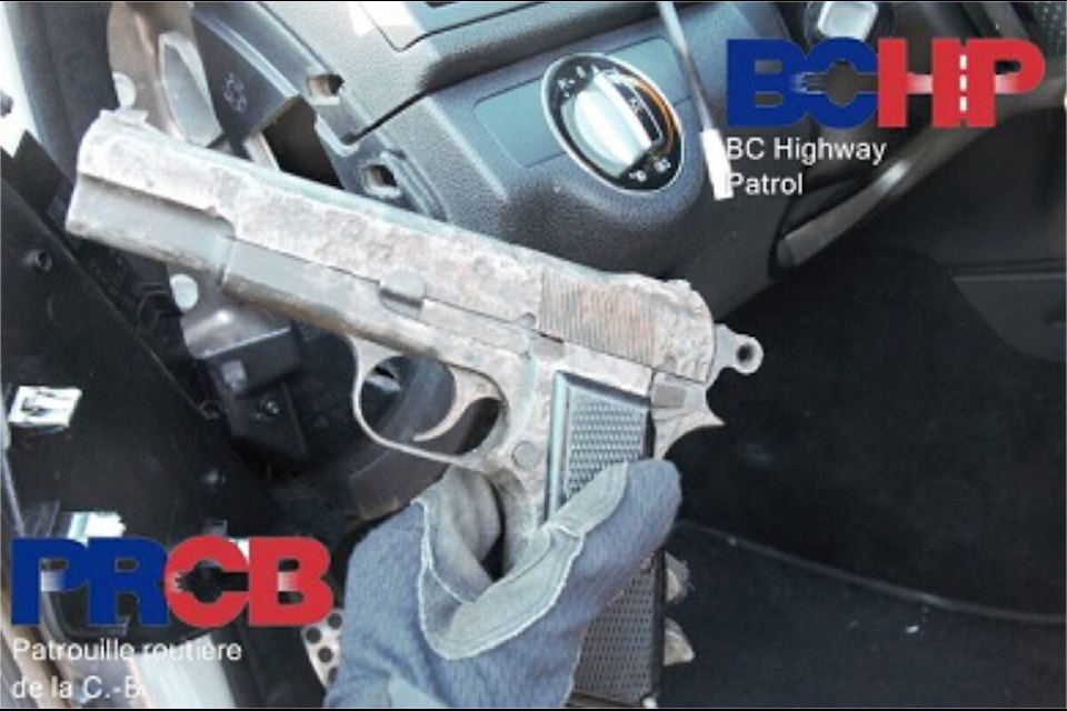 BC Highway Patrol found a loaded suspected firearm during a traffic stop south of Williams Lake on Aug. 3. (BC Highway Patrol photo)