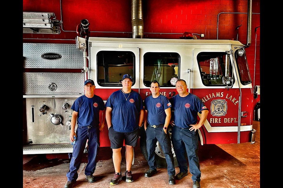Williams Lake Fire Department (WLFD) firefighters Rob Derksen, from left, Darren Sanford, Braden Fournier, and Tallon Rollston, are four of the six WLFD personnel deployed to the Kelowna area to help in support of firefighting efforts. (WLFD photo)