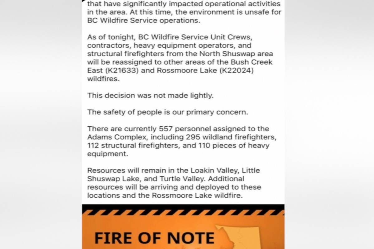 BC Wildfire message posted to Twitter (X), Wednesday night. (Twitter)