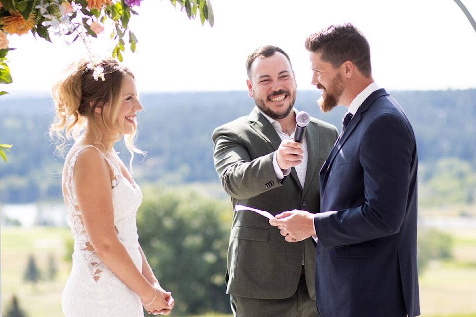 Felicia Corvaglia and Andrew Steeves laugh as they exchange vows during their wedding in the 108 Mile Ranch earlier this month. (Endless Expression photography photo)