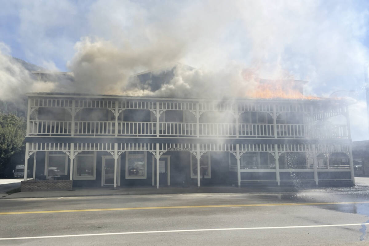A fire destroyed the roof of the Salmo Hotel on Friday but didnt spread to other buildings. Photo: Salmo RCMP