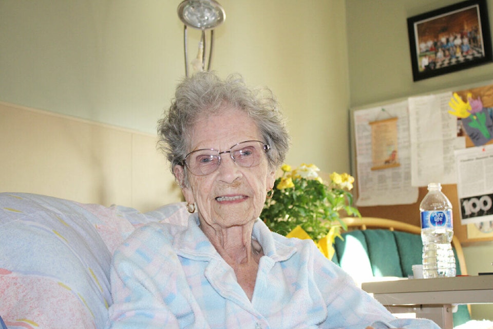 Former Lac la Hache resident Claudine Henderson celebrated her 100th birthday on Sept. 24, 2023. Her family joined her at Fischer Place in 100 Mile House for the occasion. (Fiona Grisswell photo - 100 Mile Free Press)