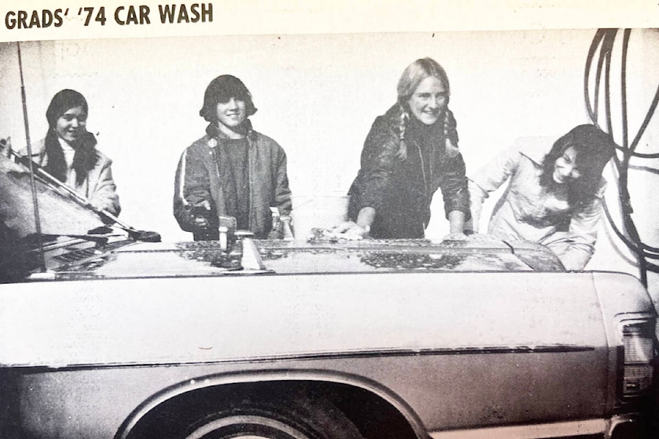 ‘Grads’ ’74 Car Wash’ (Oct. 11, 1973): ‘Pictured L to R: Donna Holgate, Mike Manning, Esther Klammer and Janet Sidwell, busy working at the Grads ’74 first fund raising project.’ (Photo credit: Journal archives)