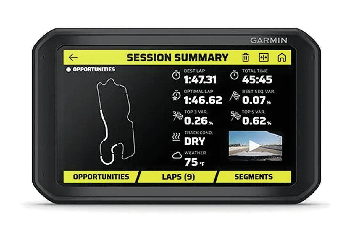 The HD Garmin Catalyst provides real-time information plus Bluetooth-enabled audible coaching for the optimum racing line. SOURCE: WheelbaseMedia