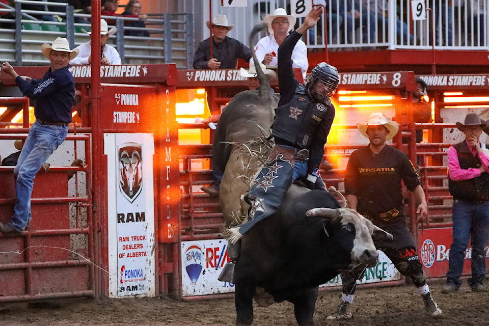 Lonnie West of Cadogan rides for 93.25 points aboard Hard Not to Get during the Ponoka Stampede Showdown finals. (Kevin Sabo/Black Press News Media)