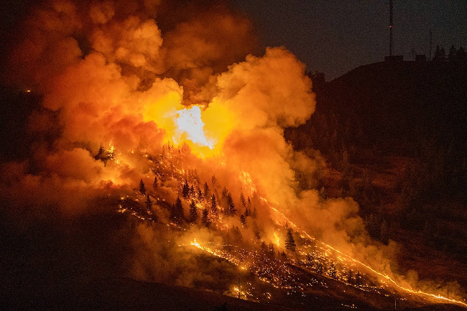 Crews from local fire departments and B.C. Wildfire Services are battling a large wildland fire near Coldstream that broke out Friday night off Highway 97 south of Vernon. Residents of Clerke Road and Commonage Road between Bailey Road and Allen Brooks Way were put on evacuation alert by RCMP. (Gavin Phillips photo/@ItsGavP)