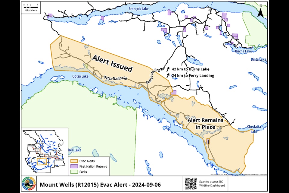 The Regional District of Bulkley Nechako has issued an evacuation alert for the Ootsa Lake area due to increased activity of the Mount Wells wildfire.