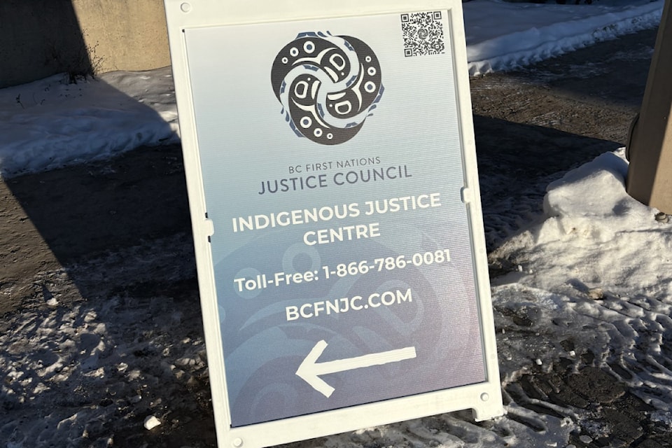 A sandwich board points the way to the new Indigenous Justice Centre in Burns Lake. It will share a lawyer with a similar location in Hazelton.