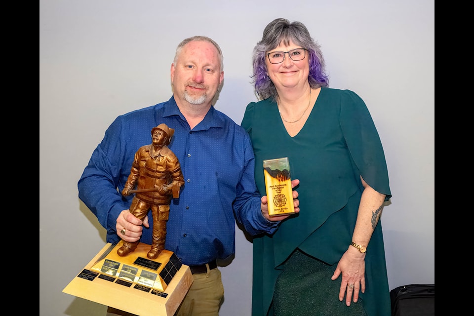 The  Lake Volunteer Firefighters’ Association held its dinner and awards ceremony on Feb. 1. Jason Berlin was named the association’s firefighter of the year.  Association president Rosemary Edgeworth presented him with the Paul Sandercott Firefighter of the Year award for 2024.