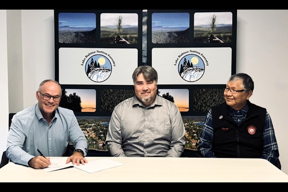 Lake Babine Nation Forestry (LBN Forestry) announced it has signed a long-term log supply and forest management agreement with West Fraser to supply logs for West Fraser’s Pacific Inland Resources Sawmill in Smithers, B.C. from their First Nations Woodland License. The agreement also provides for West Fraser to work with LBN Forestry in the sustainable long-term management of the new First Nations Woodland License. This follows the announcement in April of 2024 that LBN Forestry signed a Joint Development Agreement (JDA) with West Fraser whereby the parties agreed to combine their local tenure volumes into a single First Nations Woodland Licence (FNWL). The signing of this new Log Supply and Forest Management agreement now provides the Provincial Government with notice to proceed with issuing the new First Nations Woodland License to LBN Forestry, expected to occur in 2025. (L-R) Sean McLaren, President and CEO, West Fraser; Duane Crouse, General Manager, Lake Babine Nation Forestry; and Wilf Adam, Chief, Lake Babine Nation.