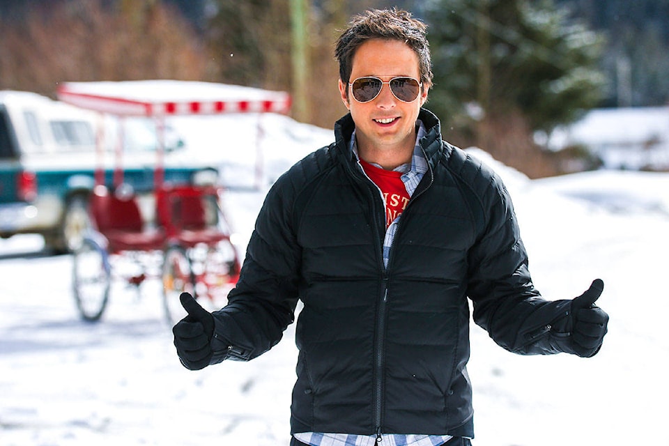 Comedian Jonny Harris enjoying Wells, B.C. during the filming of his show Still Standing in March 2017. Courtesy of CBC