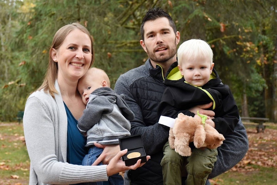 Emergency room nurse Stephanie Bazinet received the BC Emergency Health Services Vital Link Award for saving a man’s life in June while 9 months pregnant with Wyatt, who was born July 21. (Colleen Flanagan/The )