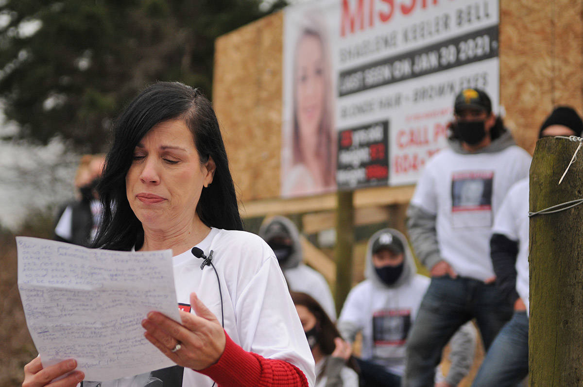Alina Durham reads a statement in front of a banner with her daughter聮s face on it. Shaelene Keeler Bell of Chilliwack was last seen on Jan. 30, 2021. (Jenna Hauck/ Chilliwack Progress)