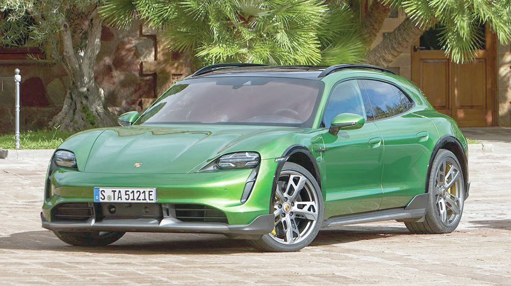 The Taycan Cross Turismo has a slightly hiked up ride height so the vehicle is free to takes its (up to) 750 horsepower off the pavement. PHOTO: PORSCHE