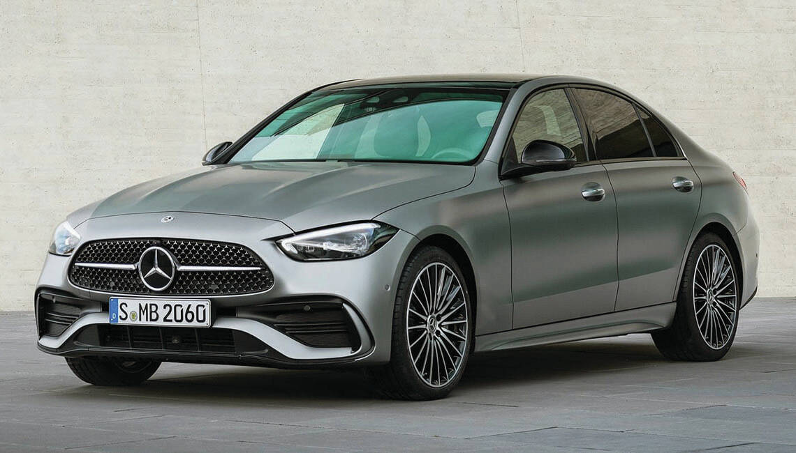 The drooping nose and tail tells you this is a Mercedes-Benz, but which one? The new C Class resembles many other Mercedes sedans. PHOTO: MERCEDES-BENZ