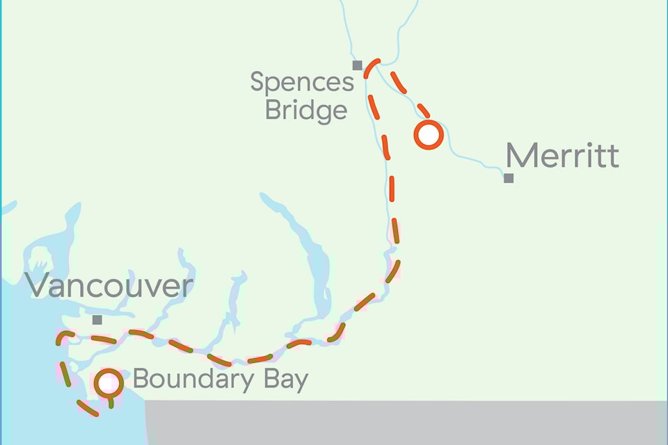 Route taken by a BC Hydro pole washed away west of Merritt by flooding in November 2021. (Photo credit: BC Hydro)