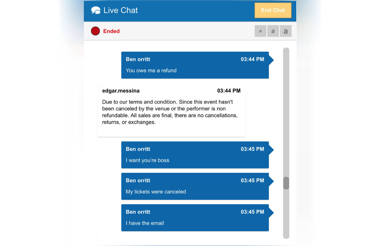 A live customer service conversation outlining a ticketing company's resistence in providing a West Kelowna man with a refund worth almost $700. (Photo: Ben Orritt)