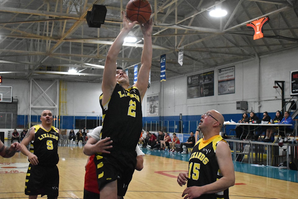 Gitwinksihlkw’s Eric Nyce goes up for a layup en route to 24 points in his team’s victory against Massett during Masters play on Day 4 at the All Native Basketball Tournament in Prince Rupert April 6. (Thom Barker photo)