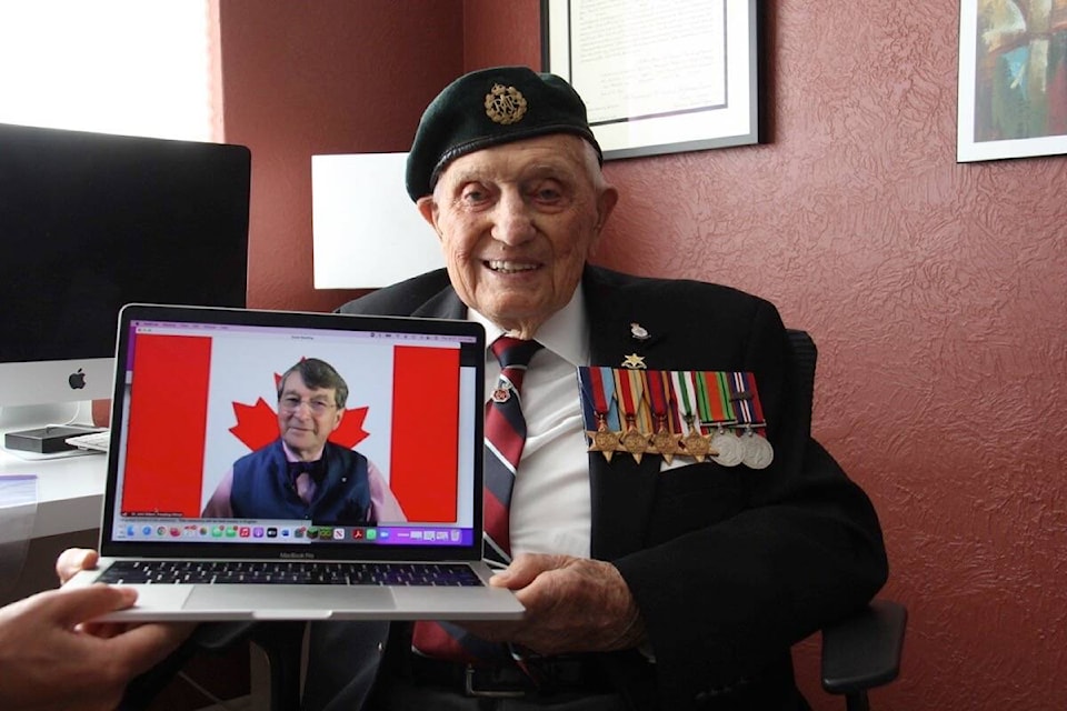 John Hillman, 103, with the judge presiding over the July 21 virtual citizenship ceremony where the British veteran became Canadian. (Christine van Reeuwyk/ Staff)