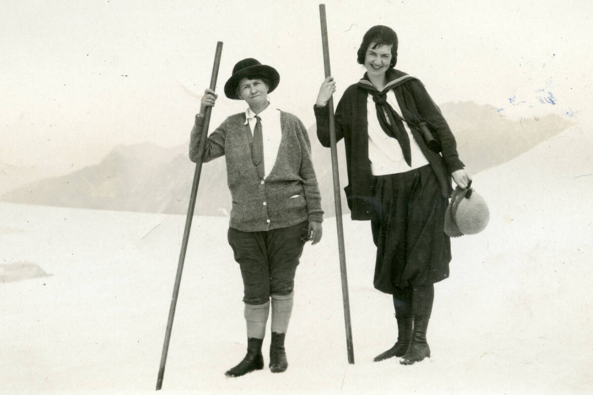 Kokanee Glacier Provincial Park opened in 1922 and attracted plenty of visitors as a relatively easy way to experience the alpine. Two women, unidentified, are captured here at the glacier in 1925. Photo courtesy Nelson Museum, Archives and Gallery