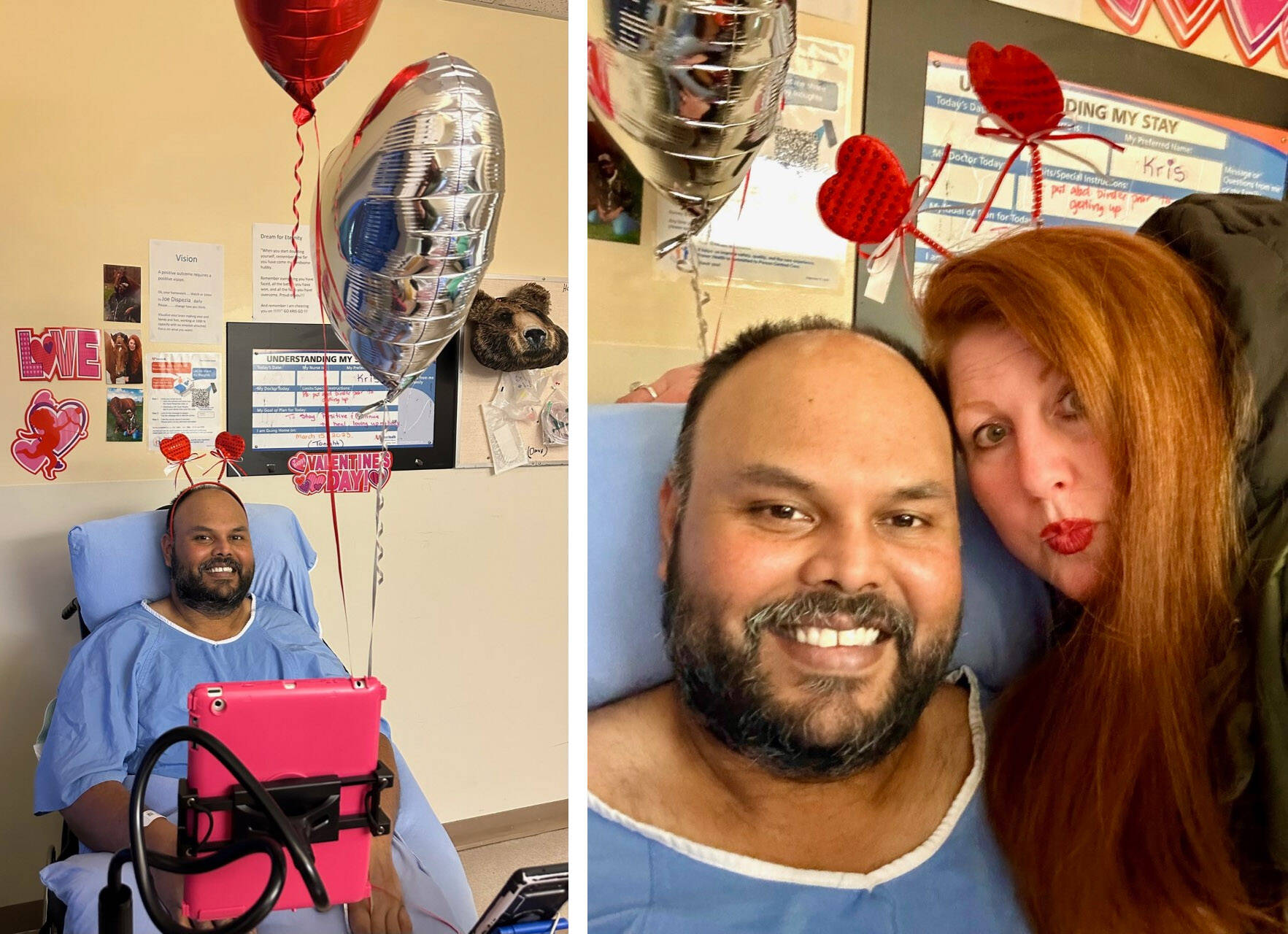Kris Mallisetty, seen here with wife Leah Gray, was paralyzed from the neck down during surgery on his spine on Jan. 27. Because he doesn聮t qualify for Persons With Disability funding, a friend has set up a fundraiser to help pay for the costs of making his home wheelchair-accessible. Gray has been visiting him every day and decorated his room for Valentine聮s Day. (Leah Gray photo)