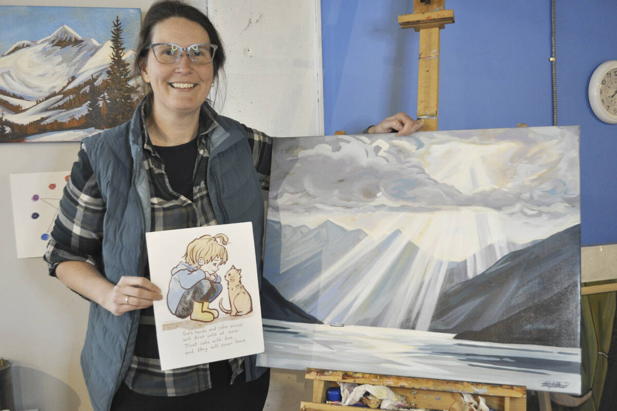 Nelson artist Abby Wilson in her studio with two pictures she created using AI tools. The painting on the easel was created after she uploaded a photo to Midjourney, then combined elements of the AI聮s suggested variations to paint the final version. Wilson also used ChatGPT to write a haiku for her young daughter about being nice to the family聮s cat, then used the haiku as a prompt to make the image with Midjourney, which she can be seen holding here. Photo: Tyler Harper
