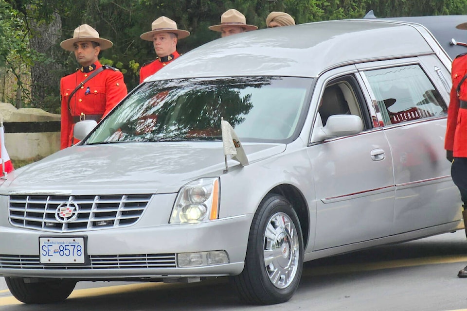 RCMP members escorted the hearse at the regimental funeral of Const. Rick O’Brien on Wednesday, Oct. 4, 2023. (Dan Ferguson/Black Press Media)