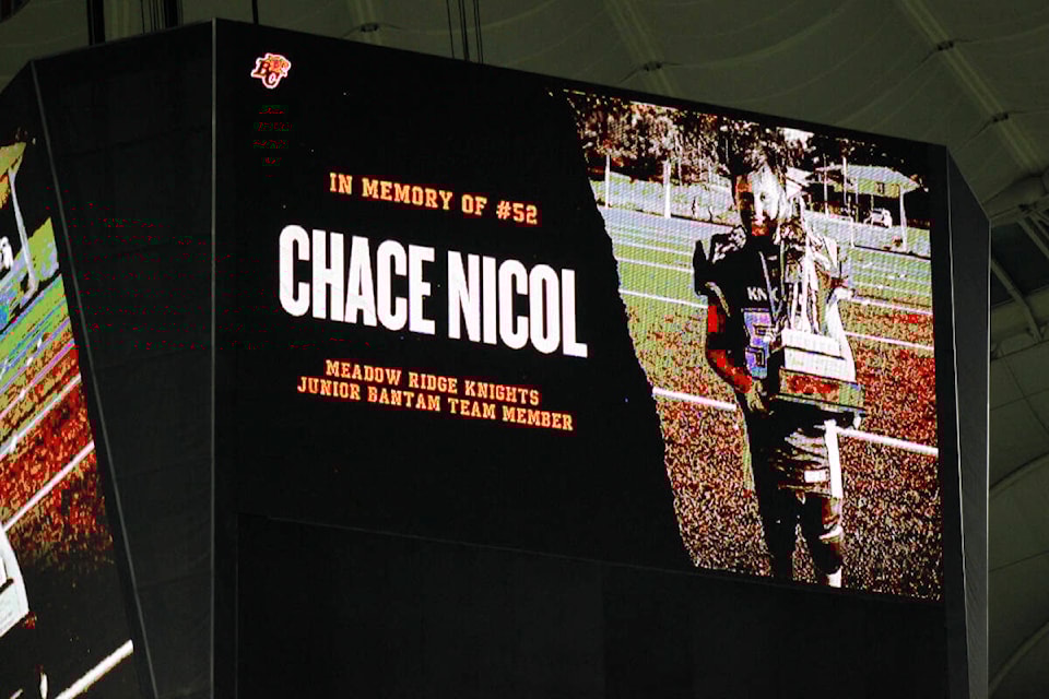 The BC Lions paid tribute to 12-year-old Pitt Meadows football player Chace Nicol at the Oct. 20 game. (Brandon Tucker/The )
