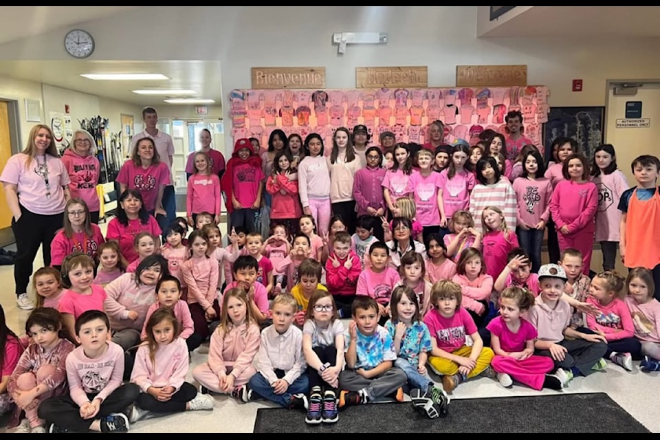 Lake and area residents celebrated and showed their support for Pink Shirt Day. Seen here is William Konkin Elementary School, Cheslatta Carrier Nation and Chief Wilf Adam from Lake Babine Nation.