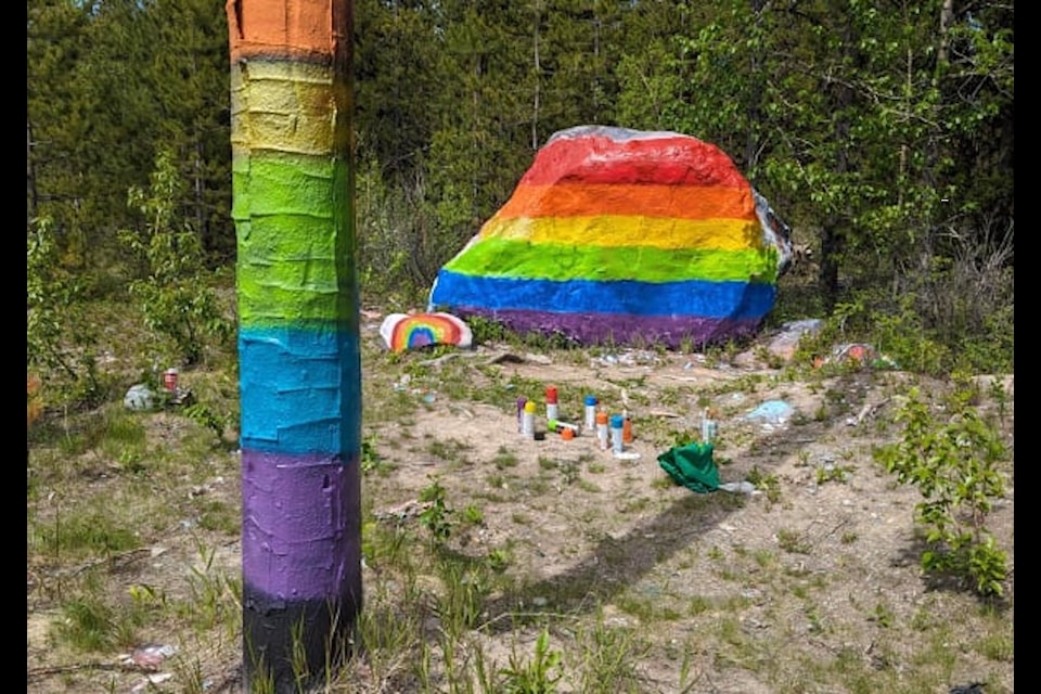The Talking Rock, a fixture between Fort St. James and Vanderhoof on Hwy 16, was painted with colours of a rainbow flag to mark Pride month this June.