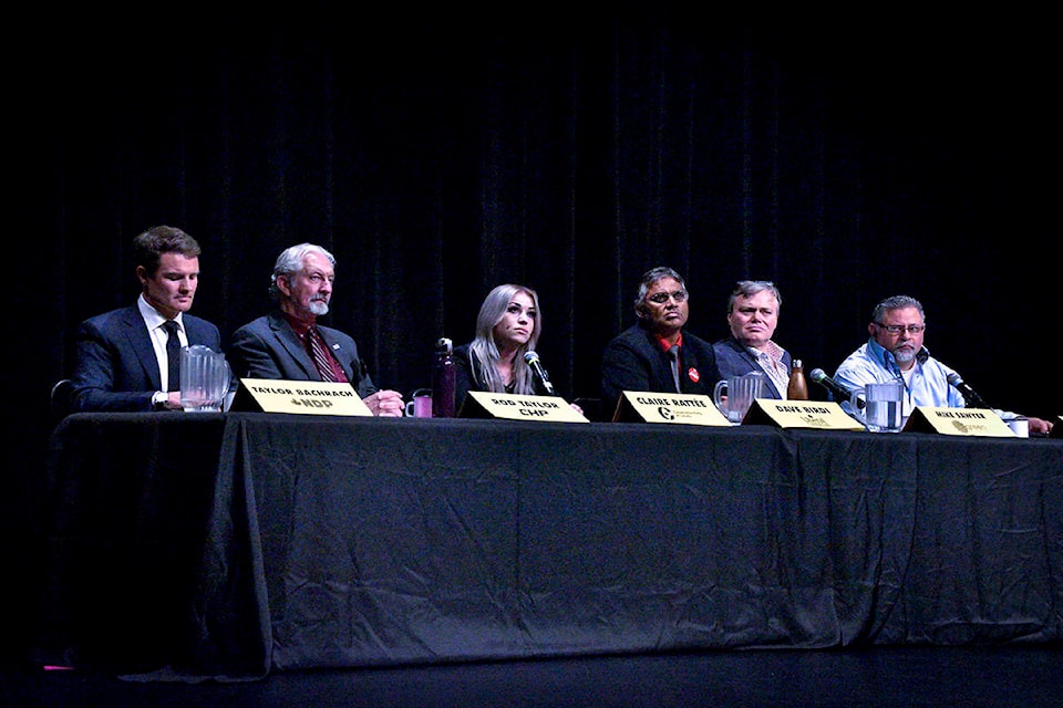 Six of eight Skeena-Bulkley Valley candidates faced off in Terrace for the last all-candidates debate before election day on Oct. 21. (Natalia Balcerzak/Terrace Standard)