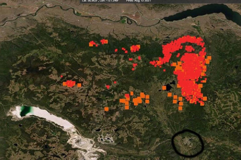 NASA fire map showing the Tremont Creek wildfire as of Aug. 12. Logan Lake is circled at bottom. (Photo credit: NASA)