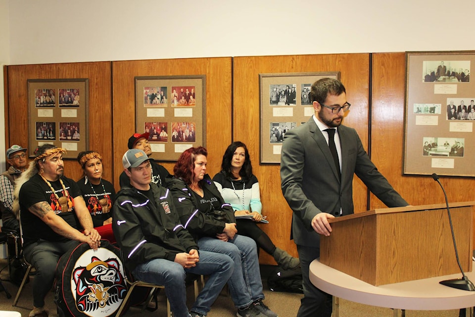 Kyle de Medeiros put forward a petition to city council against a damp shelter at the old Elks Hall, sitting behind him are advocates for the shelter including Erica and Robert Davis, Billy Morrison, Steve Burton, Jamie Smith and Tarea Roberge. (Michael Bramadat-Willcock/Terrace Standard)