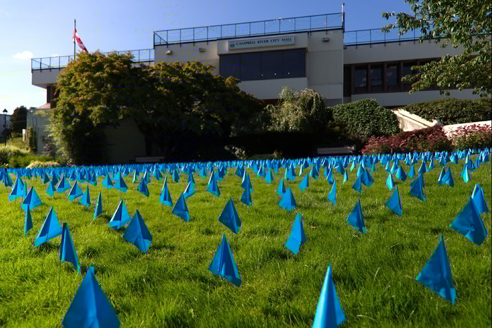 The Blue Hat Memorial Project, an art installation showcased in front of city hall from Aug. 26 to 31, aims to spark conversations about the deaths of men and boys in the B.C. opioid crisis. The installation is designed by Coun. Ron Kerr. Kerr, who is also an artist. 