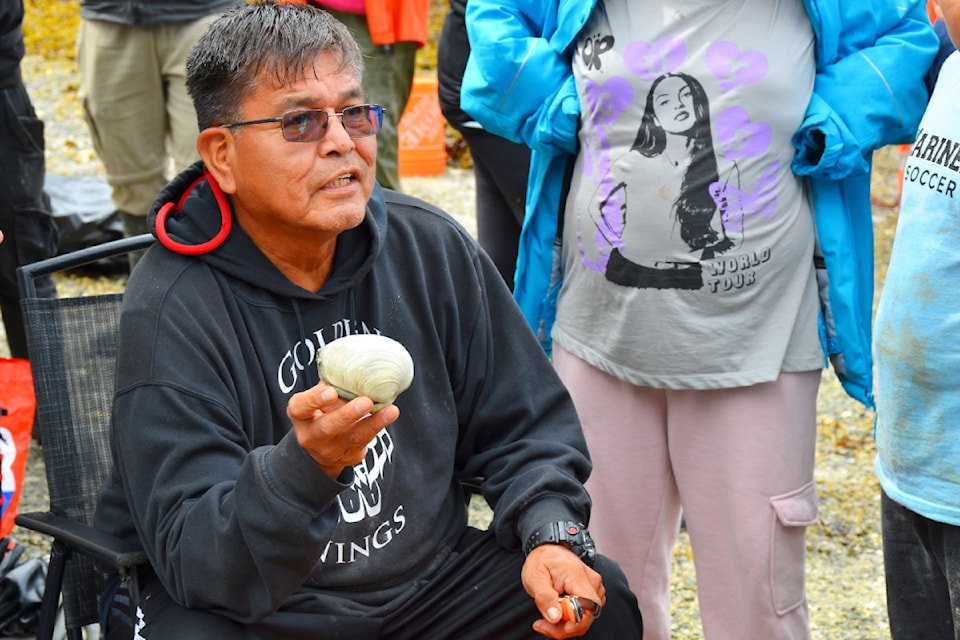 Andy Puglas demonstrates how to harvest a clam to youth participating in the restoration of a loxiwe or clam garden. Loxiwe are an ancient and sophisticated form of mariculture aimed at increasing the productivity of clams and other marine species on suitable beaches. 