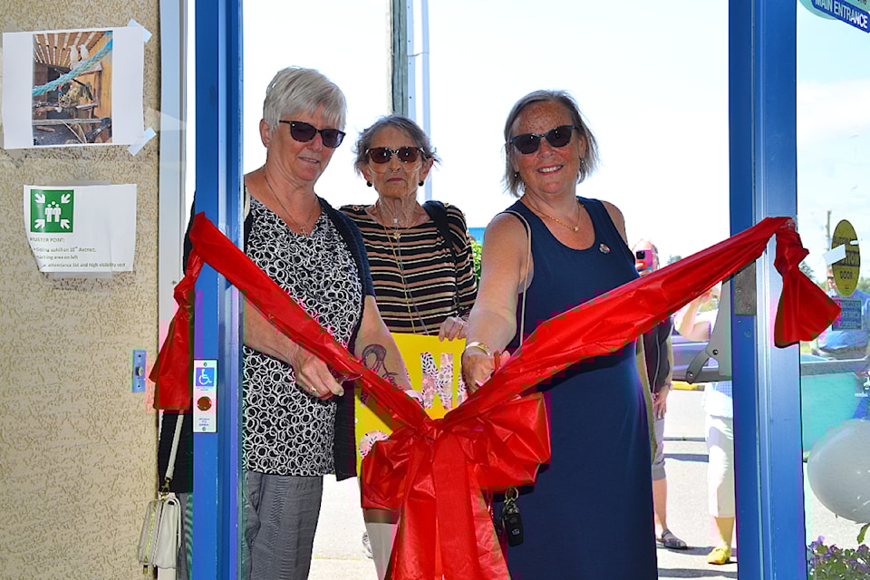 From left: Michelle Albrecht and Campbell River Rotary Club co-presidents Janet Koch and Debra Cunningham cut the ribbon on the new Rivercity Inclusion Recreation and Lesiure Program space at Our Place on Thursday, July 25, 2024.