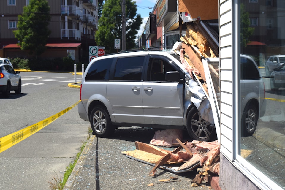 A minivan crashed into the entry way of B and K Upholstery on 11 Ave. in Campbell River on June 17.