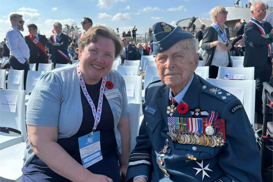 North Island-Powell River MP Rachel Blaney (left) and Major-General Richard Rohmer, a Second World War veteran who few fighter planes.