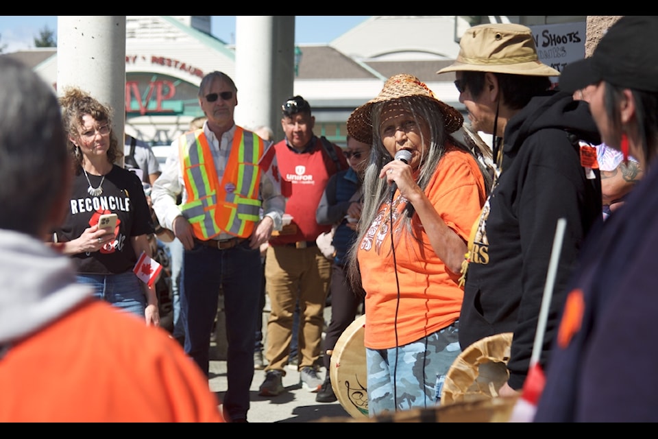 Grandma Losah, who is an Indigenous leader, anti-poverty advocate and community support worker, spoke to protesters on April 12 in Campbell River about the devastating impacts of residential schools in Canada. 