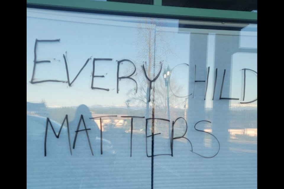 "Every Child Matters" was written in  black marker on the windows of Conservative Party candidate Aaron Gunn's campaign office in Campbell River on Friday night. The RCMP is investigating.