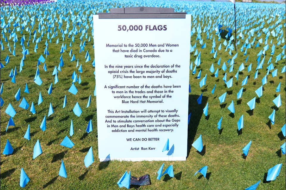 The Blue Hat Memorial Project is now up at ʔUxstalis (Tyee Spit) in Campbell River, featuring 50,000 small flags. It includes 36,000 blue flags representing the estimated number of unregulated drug deaths among men and boys since the opioid crisis started in 2016, plus 14,000 purple flags for the women and girls who have sadly lost their lives during this time.