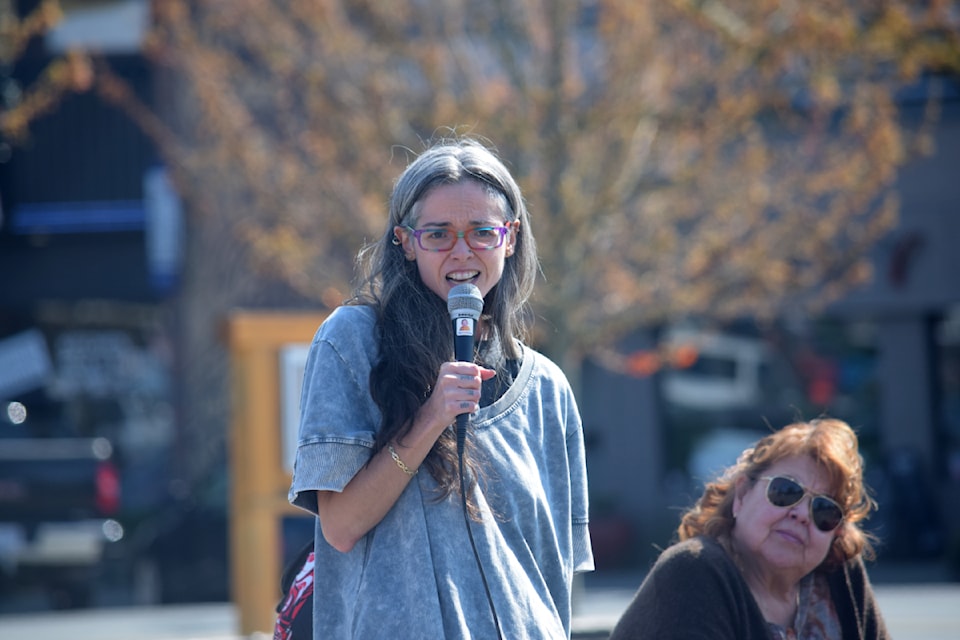 Angela Davidson, also known as Rainbow Eyes, speaks at rally in Campbell River on April 22. 