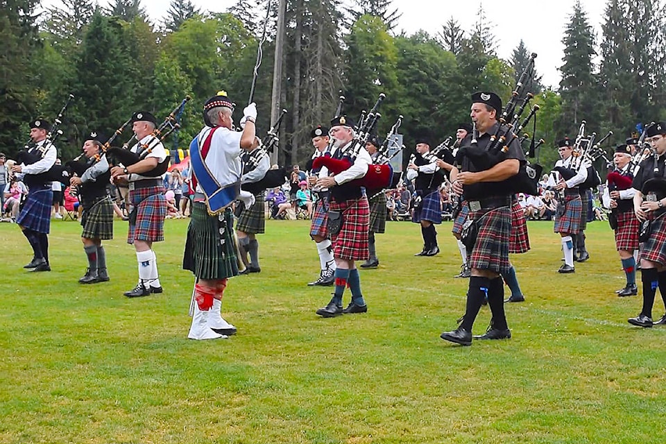 The formal opening of the Campbell River Highland Gathering involved the massed bands in which all the participating pipe bands played together to open the event. Photo by Alistair Taylor/Campbell River Mirror