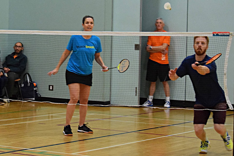 Dori Manley (left) and Joe Mailloux of Campbell River, winners of the open mixed doubles competition at the Campbell River Badminton Club’s annual tournament at the Sportsplex on Sunday. Photo by David Gordon Koch/Campbell River Mirror