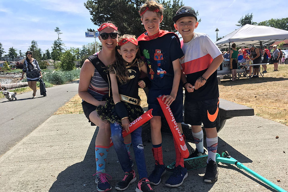 From left, Rachelle, Kinsey and Carter Granson and Logan Prokopchuk at Frank James Park in Campbell River following the Super Hero Run on June 1, 2019. Photo by David Gordon Koch/Campbell River Mirror