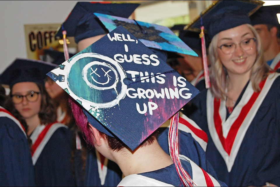 Lauryn McKinley was among students who sported decorated mortarboards for Timberline Secondary’s commencement ceremony at Strathcona Gardens in Campbell River on Thursday. Photo by David Gordon Koch/Campbell River Mirror