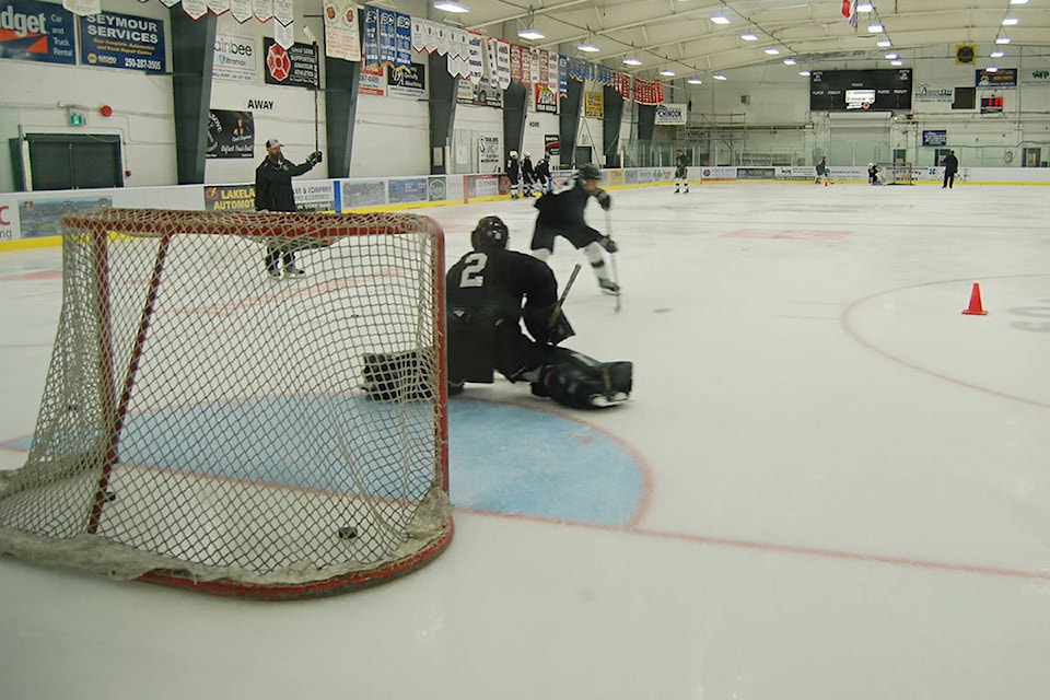 Goaltender Sam Gilmore is shown preparing for a shot from Clinton Nelson during a Campbell River Storm training camp at the Rod Brind’Amour Arena on Saturday. Photo by David Gordon Koch/Campbell River Mirror