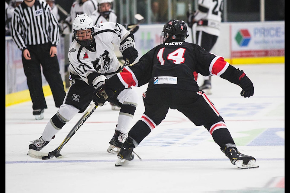 Josh Pederson (17) skates the puck up the ice during VIJHL regular season action at the Rod Brind’Amour Arena in Campbell River on Sept. 7, 2019. The Campbell River Storm beat the Saanich Braves 2-0. Photo by Marissa Tiel/Campbell River Mirror