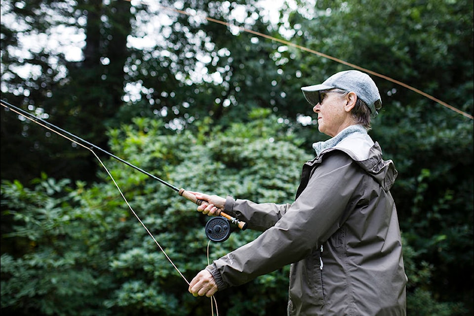 Pauline Humphrey demonstrates fly fishing during the Fall Festival at Haig-Brown House in Campbell River, B.C. on Sept. 22, 2019. Photo by Marissa Tiel/Campbell River Mirror